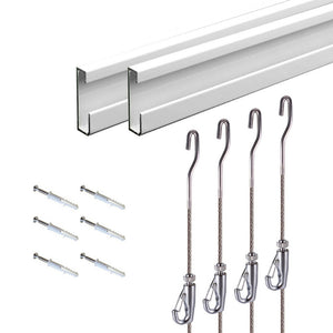 Picture Hanging System Complete Kit Wall Mounted ( 2x 59" C-Rail  4 Stainless Steel Cables 4 Hooks ）